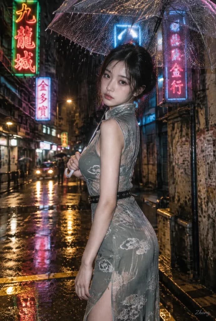 雨のネオン街の旗袍ポートレート