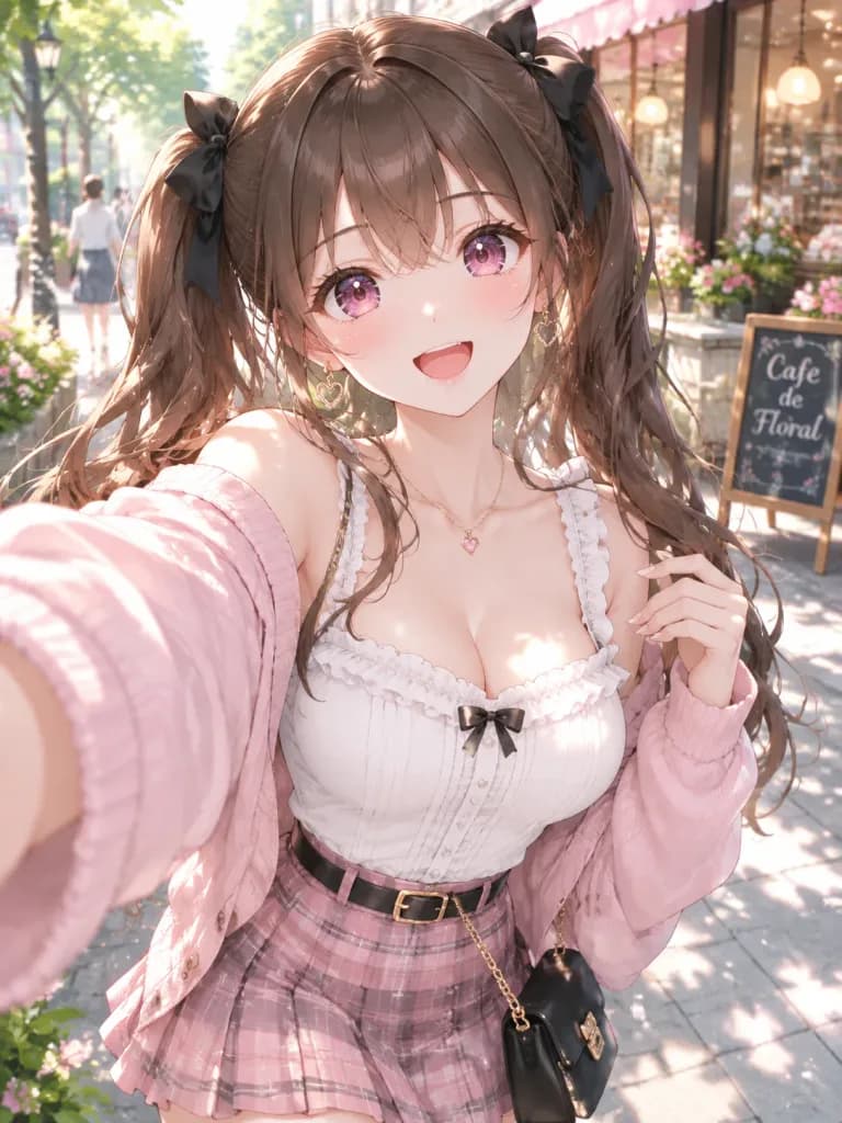 카페 거리에서 셀카 찍는 애니메이션 소녀