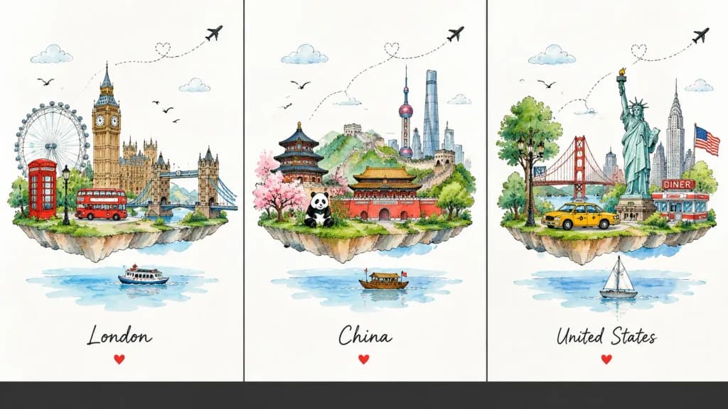 Watercolor Travel Landmark Triptych
