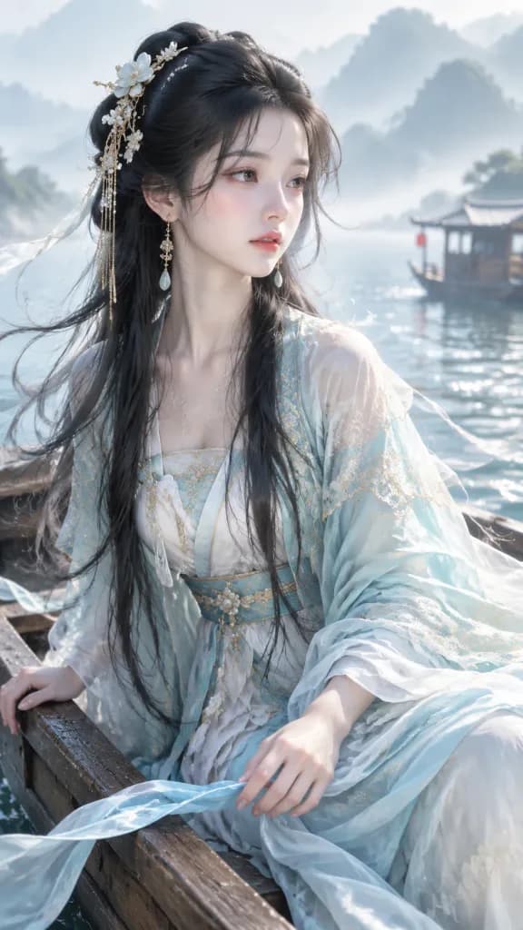朝霧の小舟と東洋ファンタジーポートレート