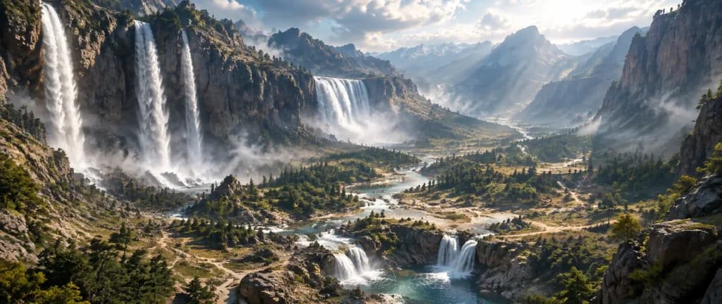 Vast Rocky Valley with Waterfalls
