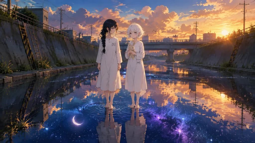 Anime Girls in Starry Flooded Canal