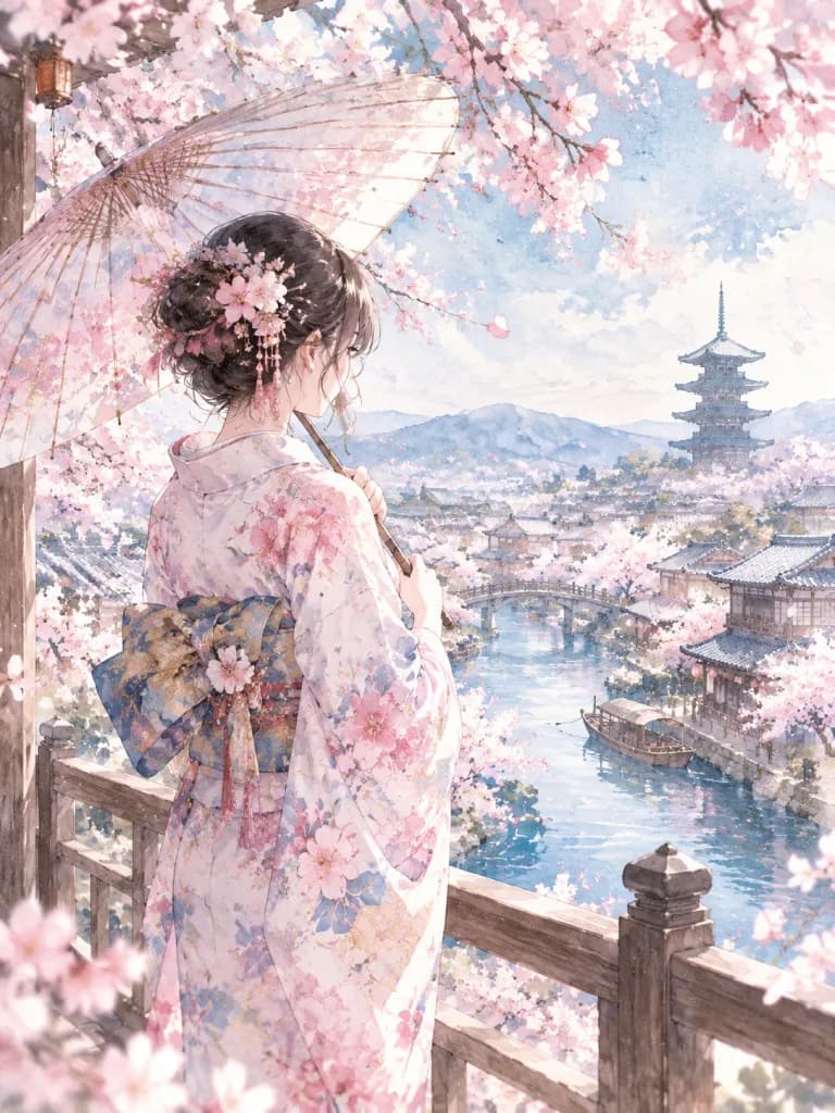 Watercolor Kimono Girl Riverside Cherry Blossoms