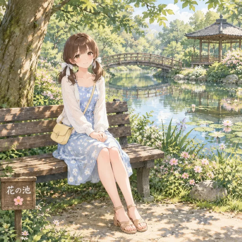 日本庭園のベンチに座るアニメ少女