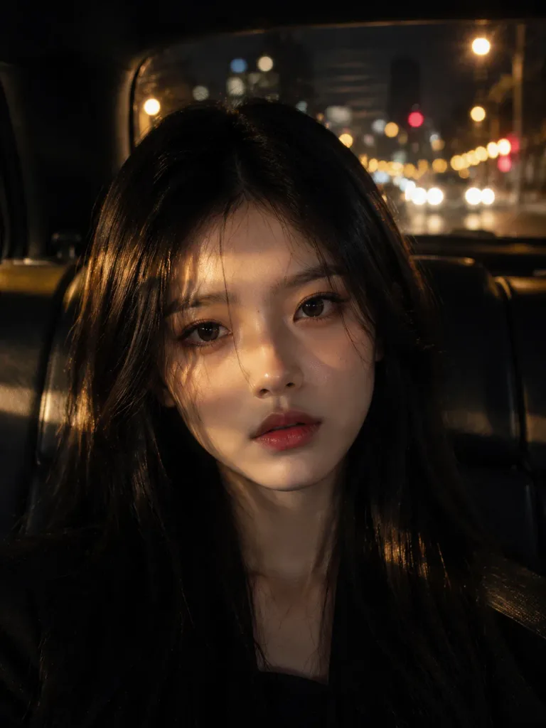 야간 자동차 내부 시네마틱 포트레이트