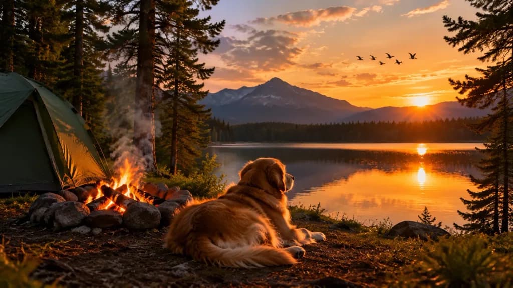 Golden Retriever by Sunset Campfire