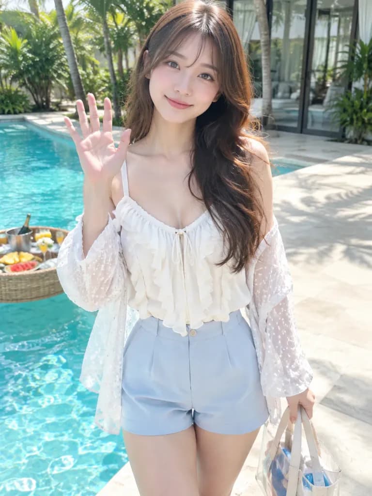 리조트 수영장가에서 손을 흔드는 여성