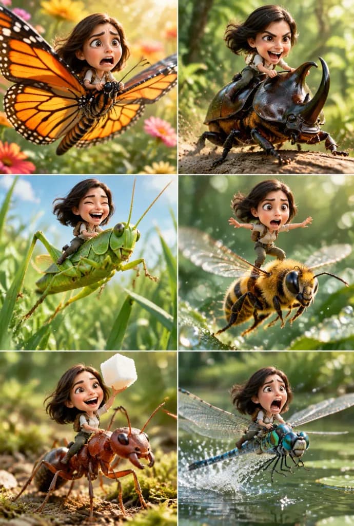 Tiny Adventurer Riding Giant Insects Collage