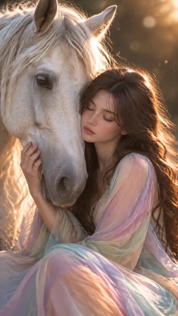 Woman and White Horse Sunset Portrait