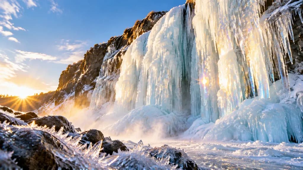 Cascata ghiacciata baciata dal sole