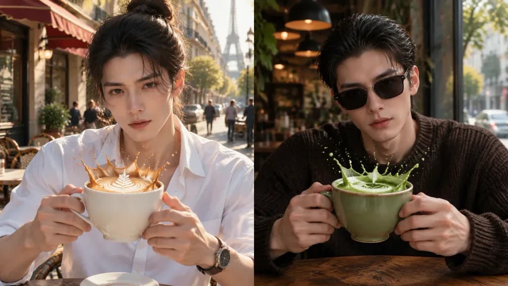 Split-Screen Surreal Coffee Splash Portrait