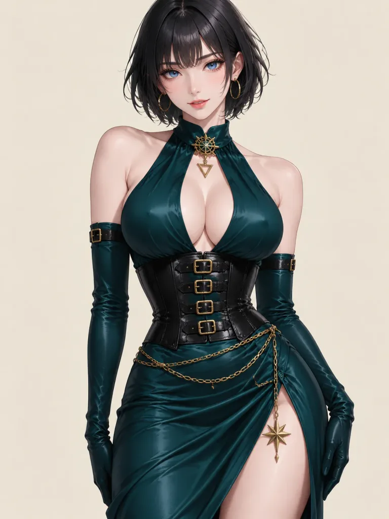 홀터 드레스를 입은 다크 글램 애니메이션 여성 초상화
