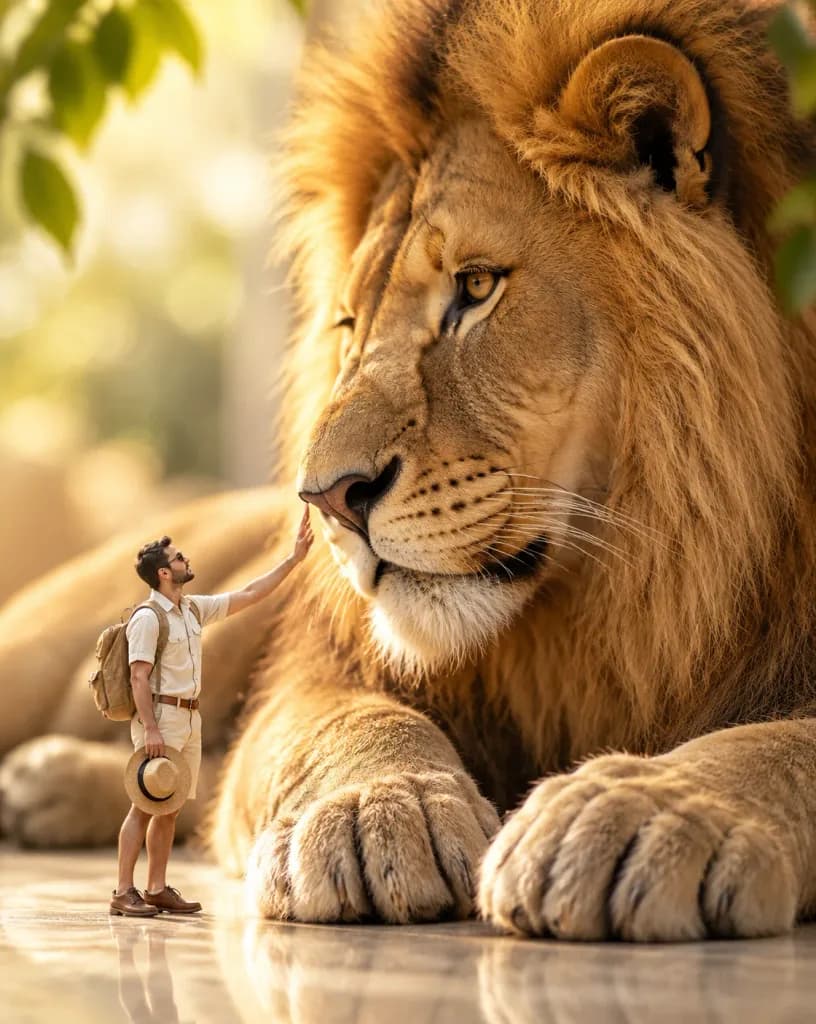 Miniature Safari Explorer Beside Giant Lion
