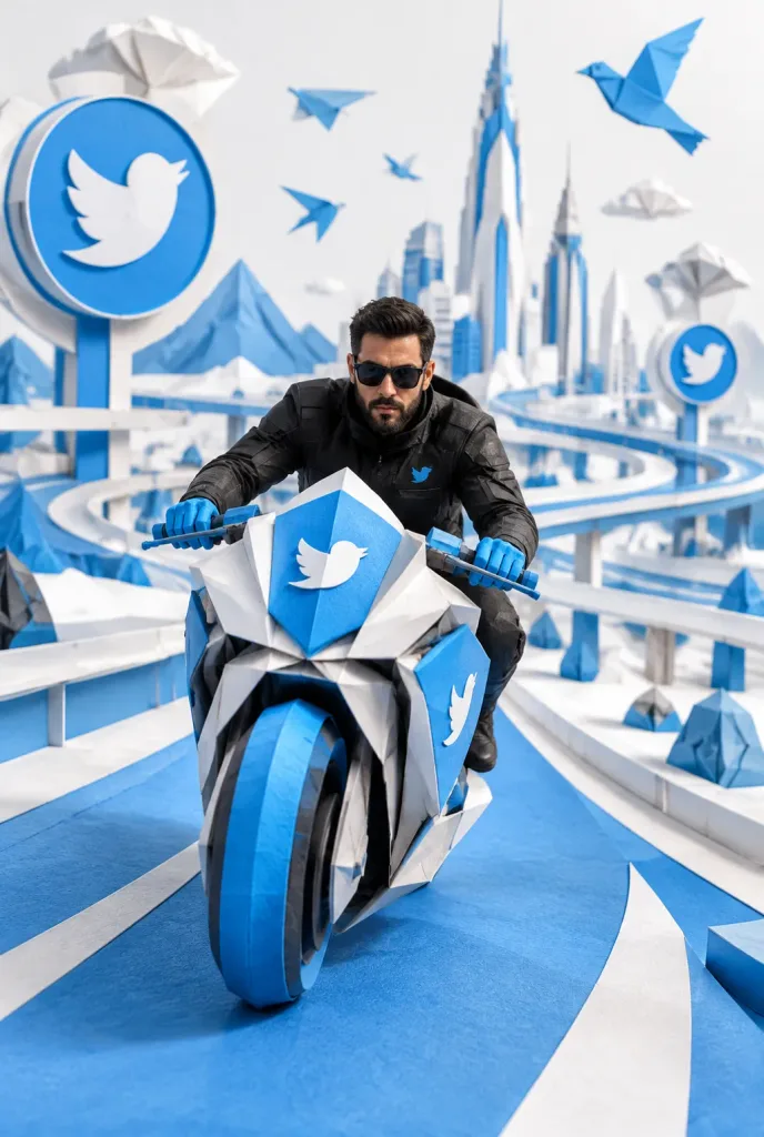 Futuristic Origami City with Papercraft Motorcycle