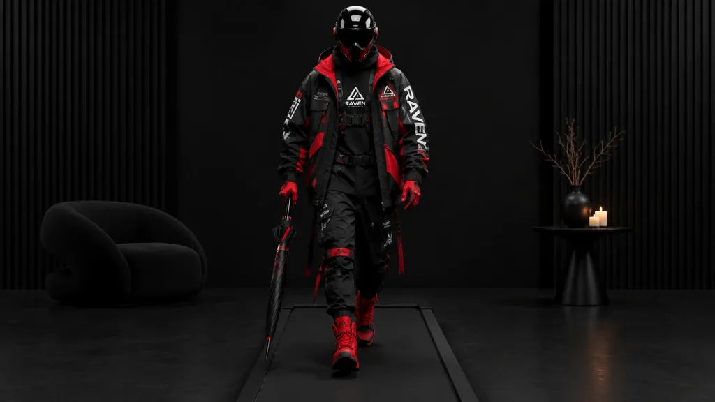 Sesja modowa techwear w masce na bieżni