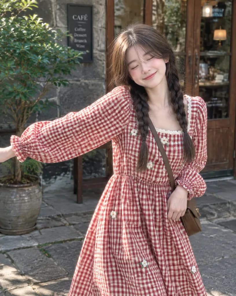 Young Woman in Gingham Café Portrait