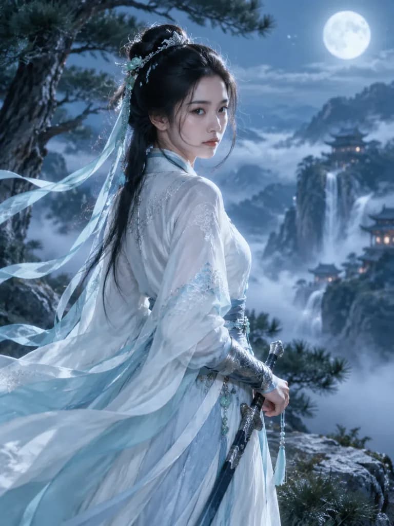East Asian Warrior Maiden Moonlight Portrait