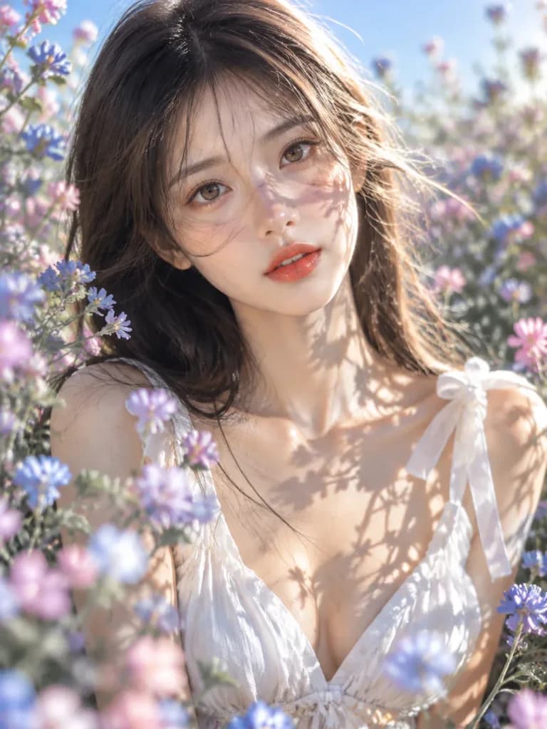 여름 햇살과 꽃 그림자 인물 사진