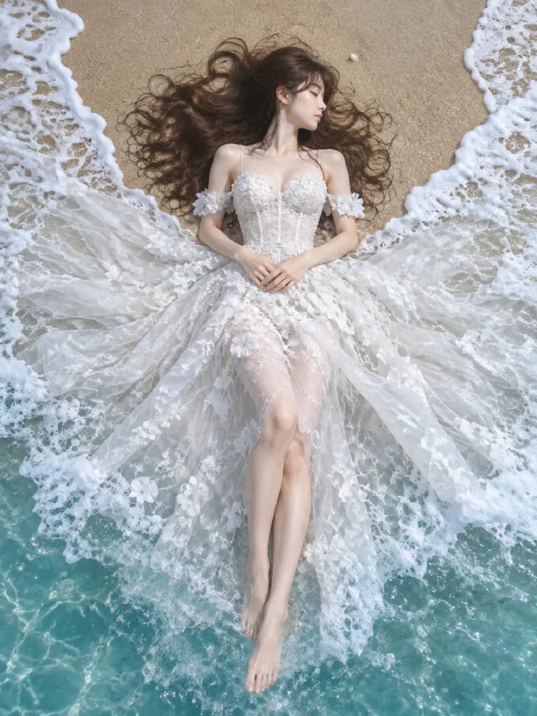 Wanita Bergaun Renda di Pantai Sudut Pandang Atas