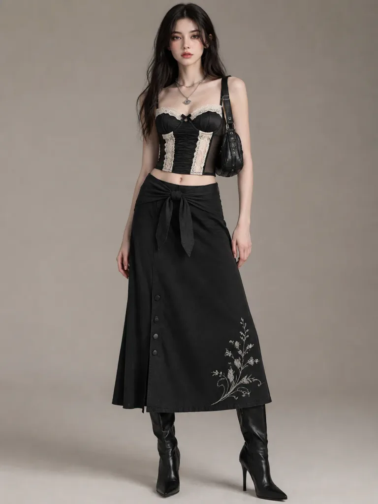Lace Corset and Wrap Maxi Skirt Outfit