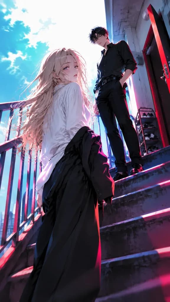 Stylish Anime Couple on Apartment Stairway