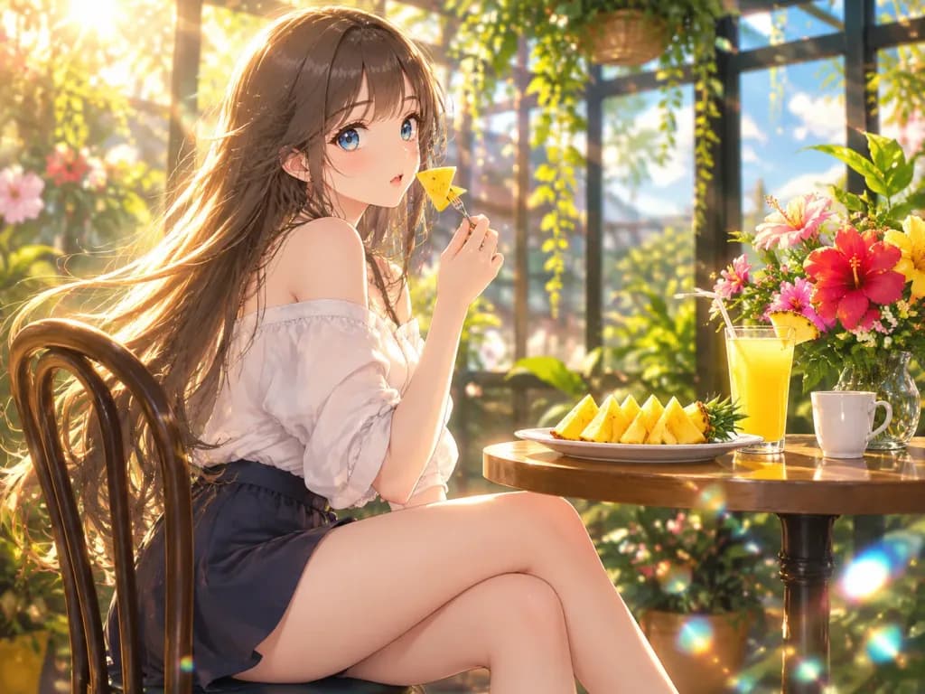 Anime Girl at Sunlit Balcony Cafe