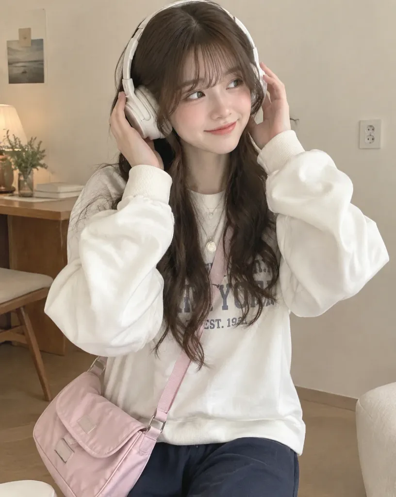 ヘッドフォンをつけた温かみのある室内ポートレート