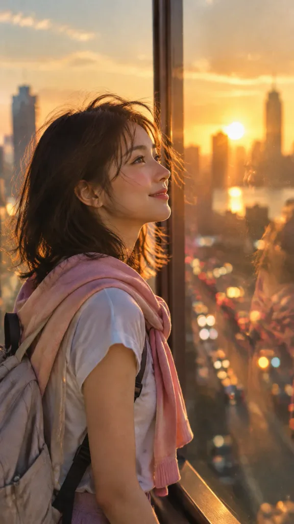 골든 아워 창가 도시 인물 사진