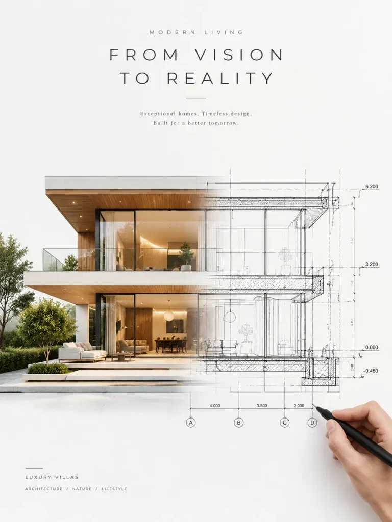 Architectural Villa Blueprint to Reality Poster