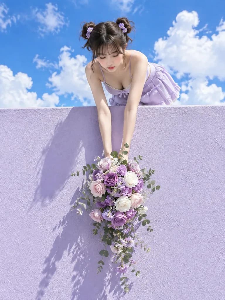 Woman Leaning Over Lavender Wall with Bouquet