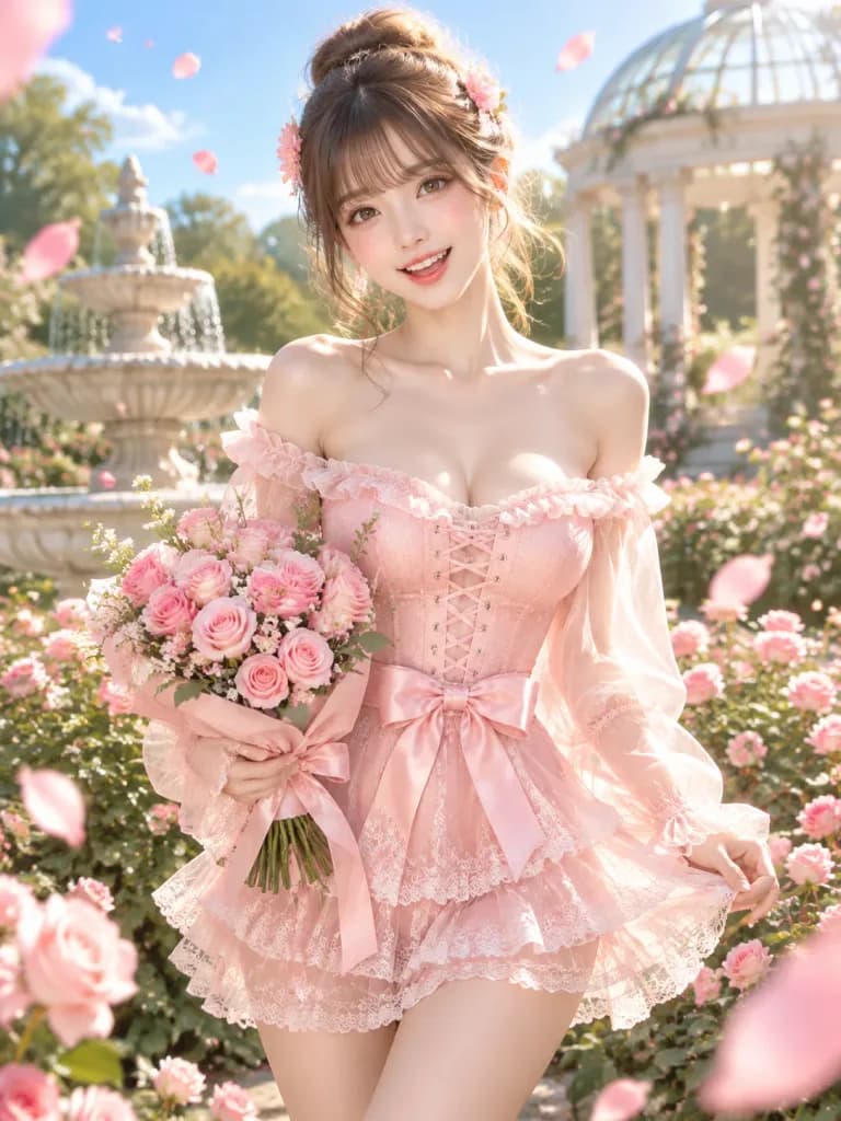 バラ園で花束を抱く女性