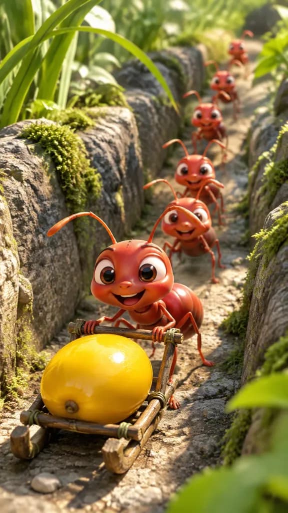 Fourmis de Dessin Animé Transportant une Graine Dorée