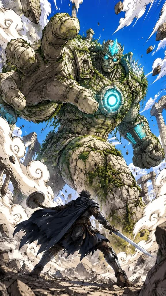 Knight Against Colossal Stone Golem