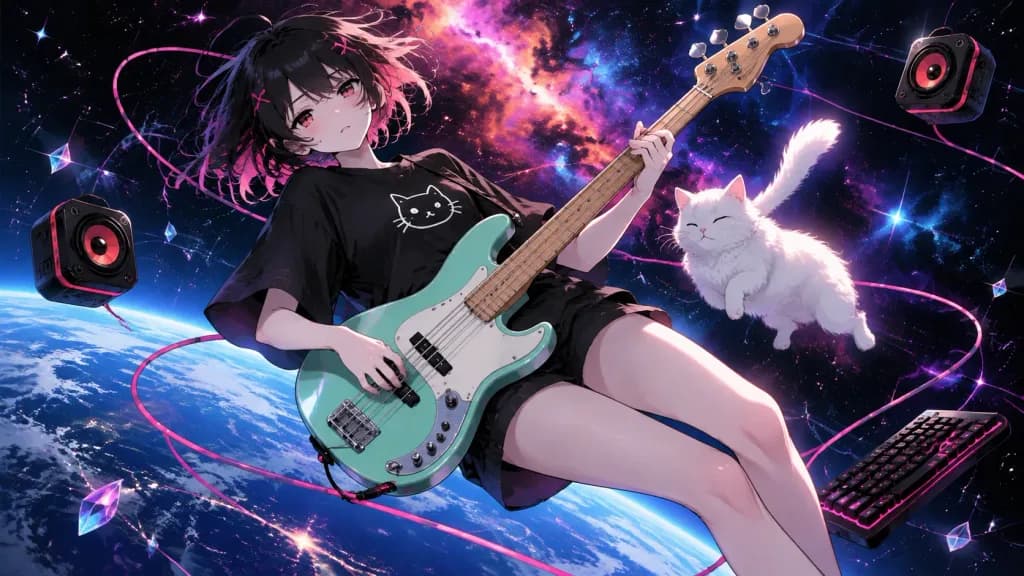 宇宙を漂うアニメ風ベーシスト