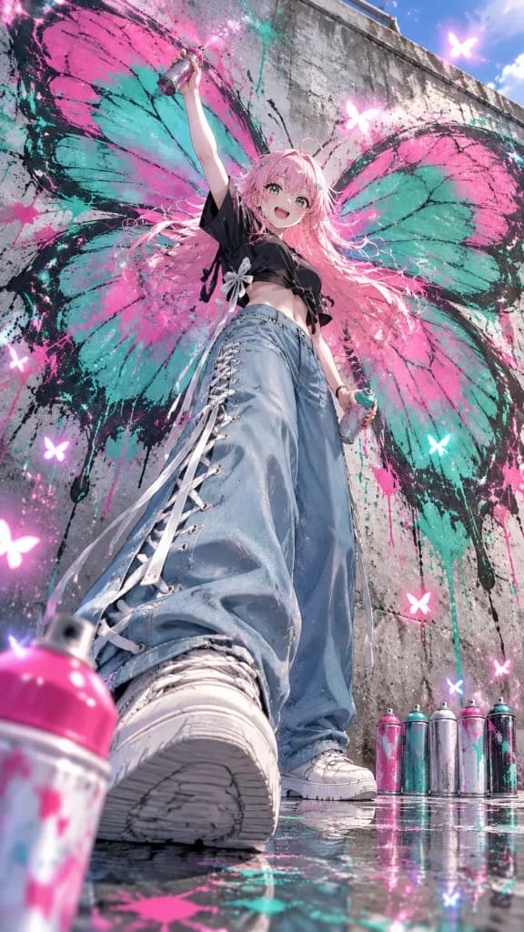 Anime Graffiti Artist with Butterfly Mural