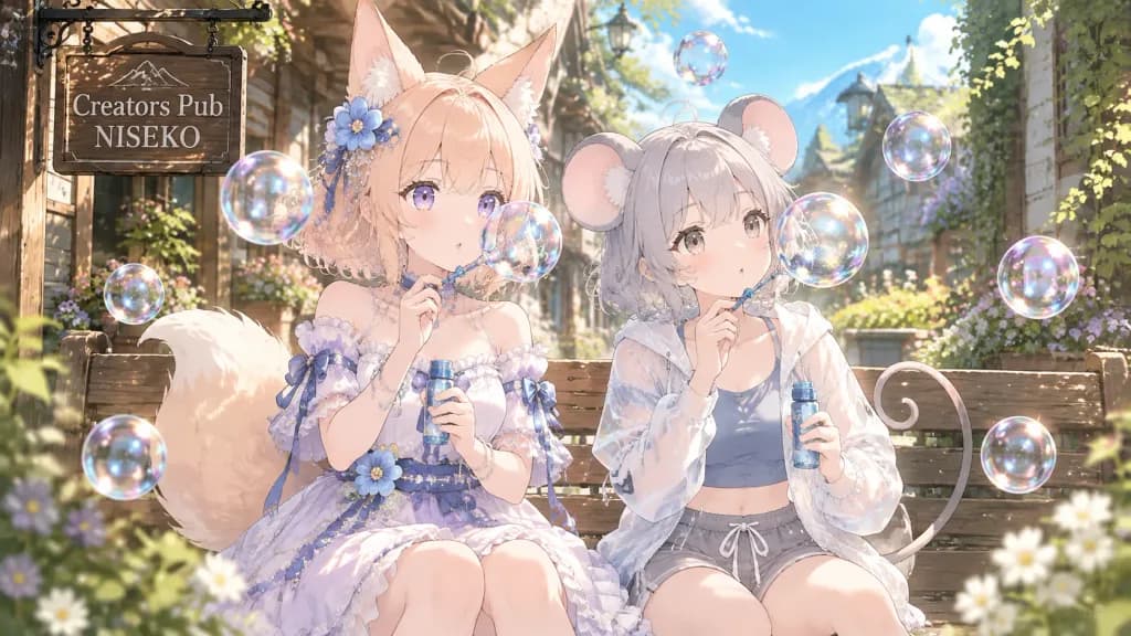 สาวเคโมโนมิมิเป่าฟองสบู่บนม้านั่ง