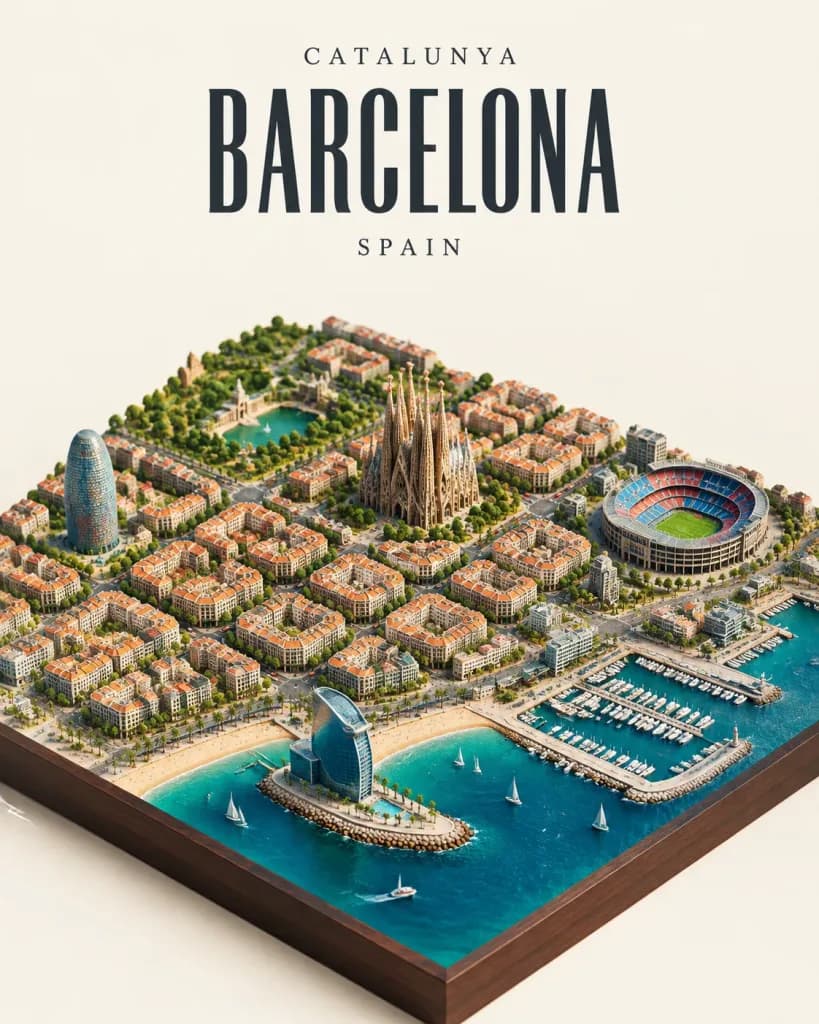 Isometric Barcelona City Diorama Poster