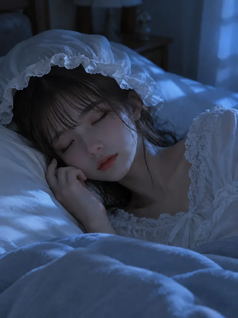 フリルナイトキャップで眠る女性