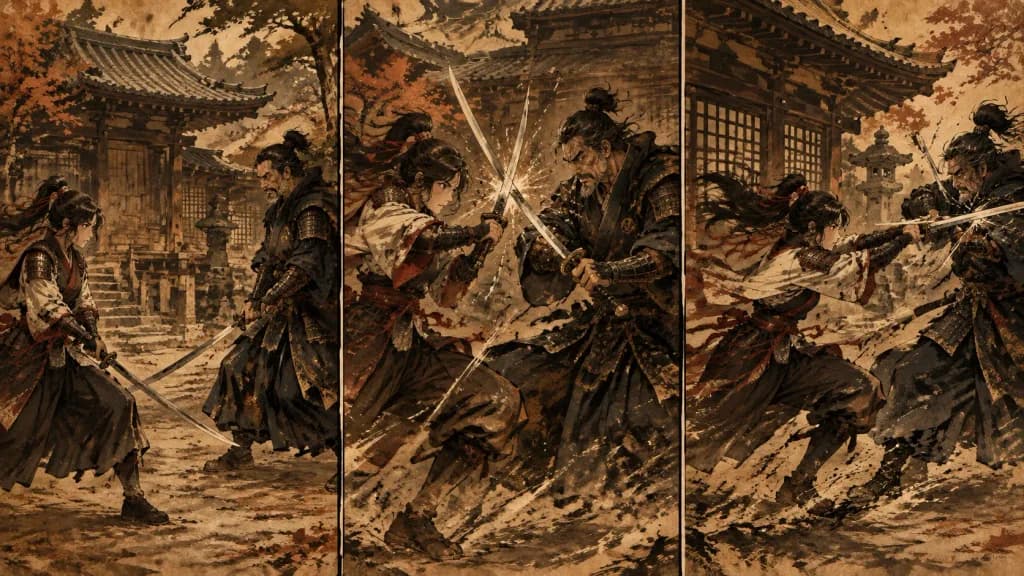 水墨画風 侍の決闘三連作