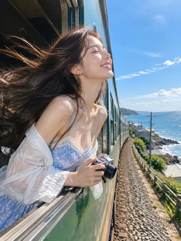 Woman Leaning from Coastal Train Window