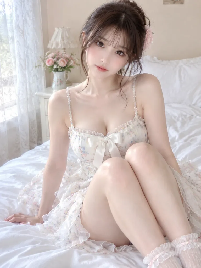 플로럴 드레스를 입은 아침 침대 위 포트레이트