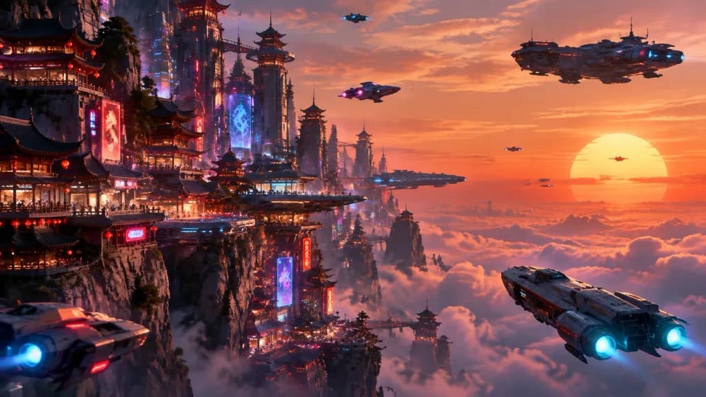 East Asian Cyberpunk Cliffside Megacity