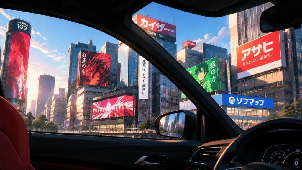 車内から眺める東京の看板街アニメシーン