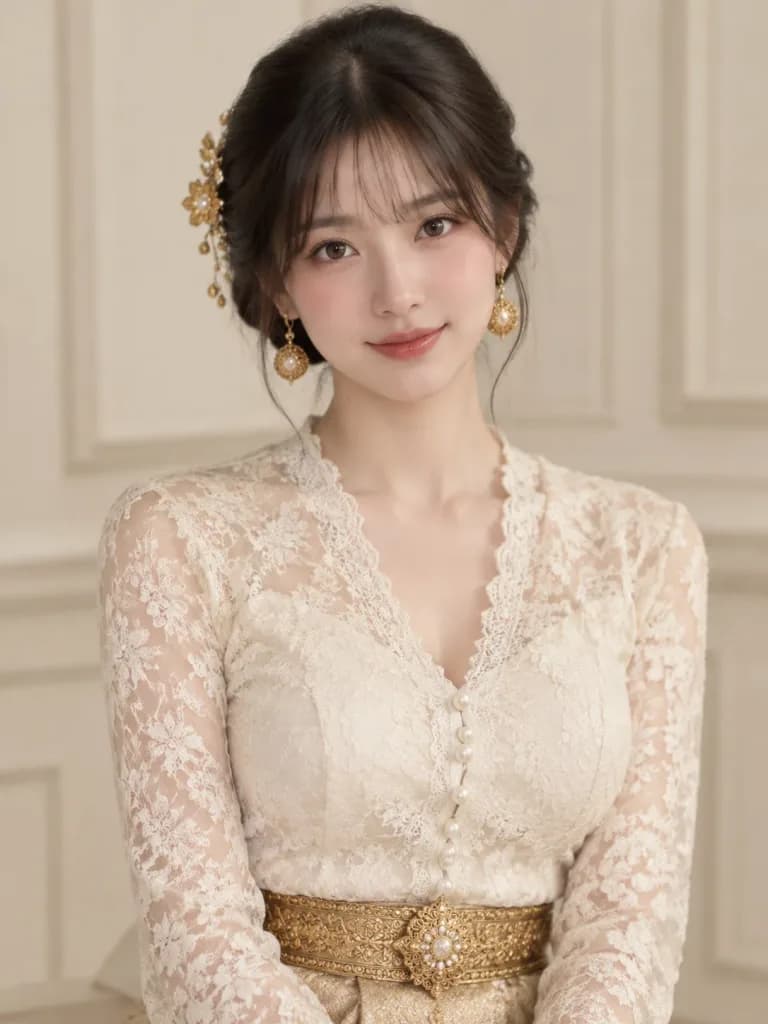 Retrato Elegante con Blusa de Encaje y Joyas Doradas