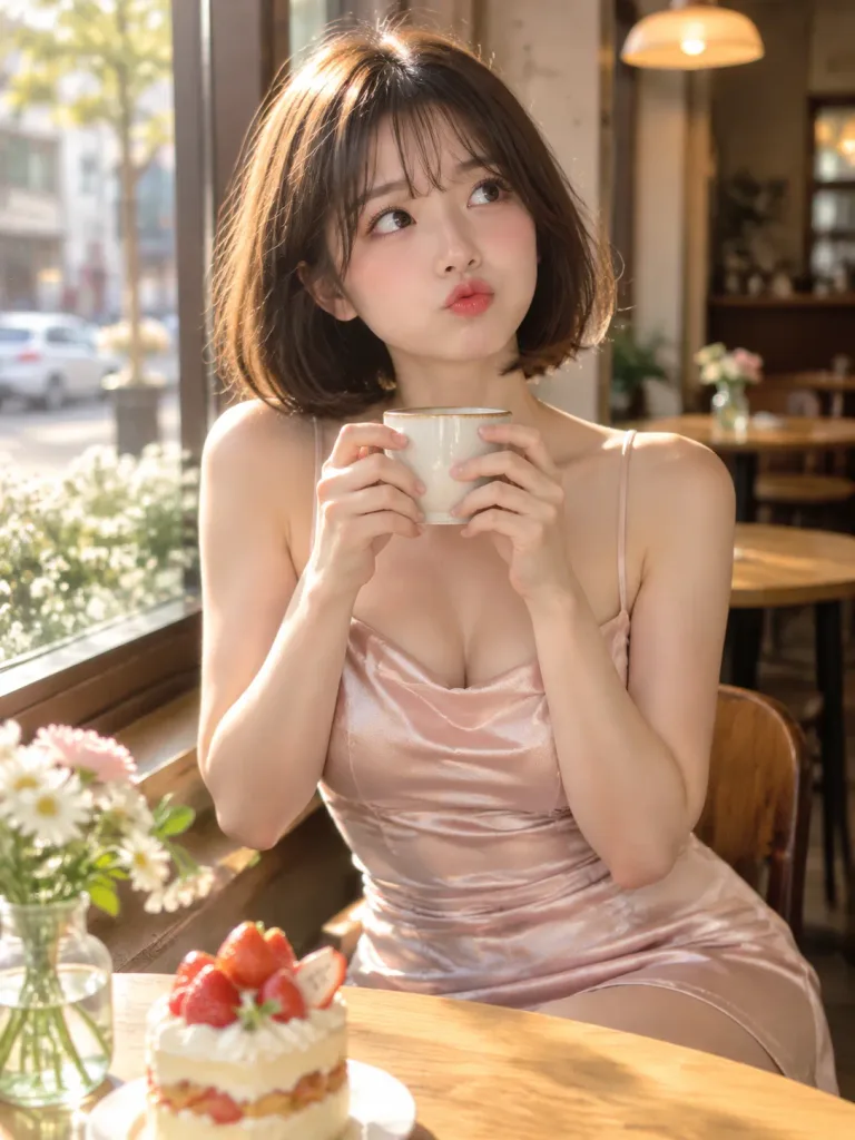 Woman at Sunlit Cafe Window