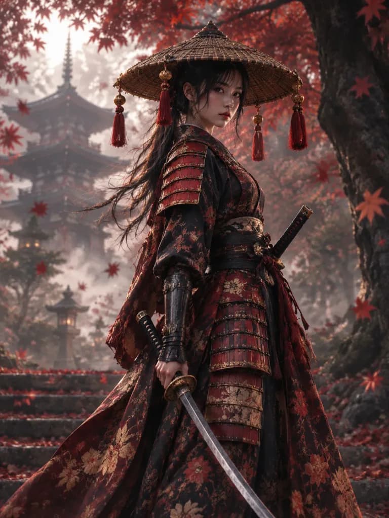 秋の寺院に佇む女侍のポートレート