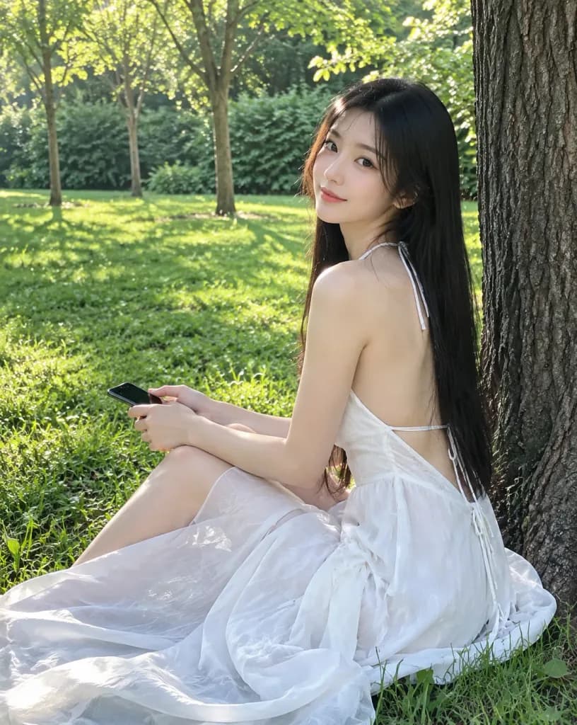 Sunlit Park Portrait by a Tree