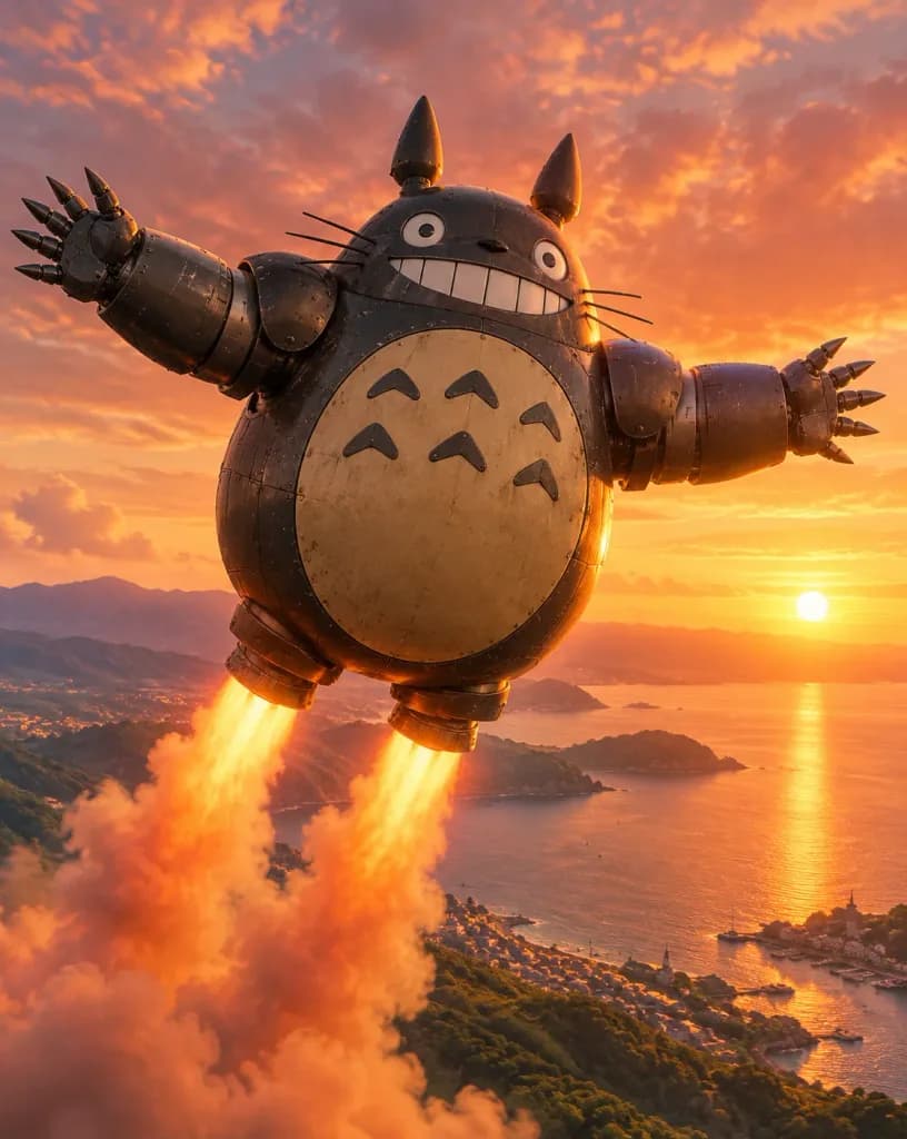 Giant Flying Mecha Totoro at Sunset