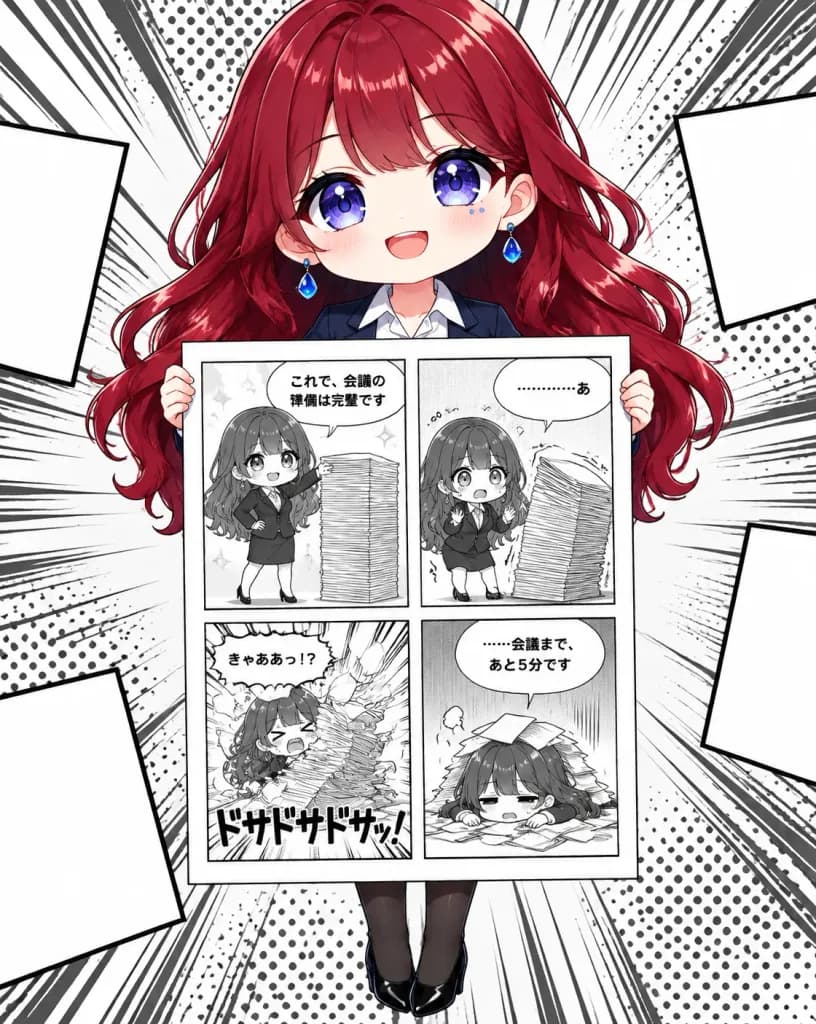 4コマ漫画を掲げるチビキャラOL