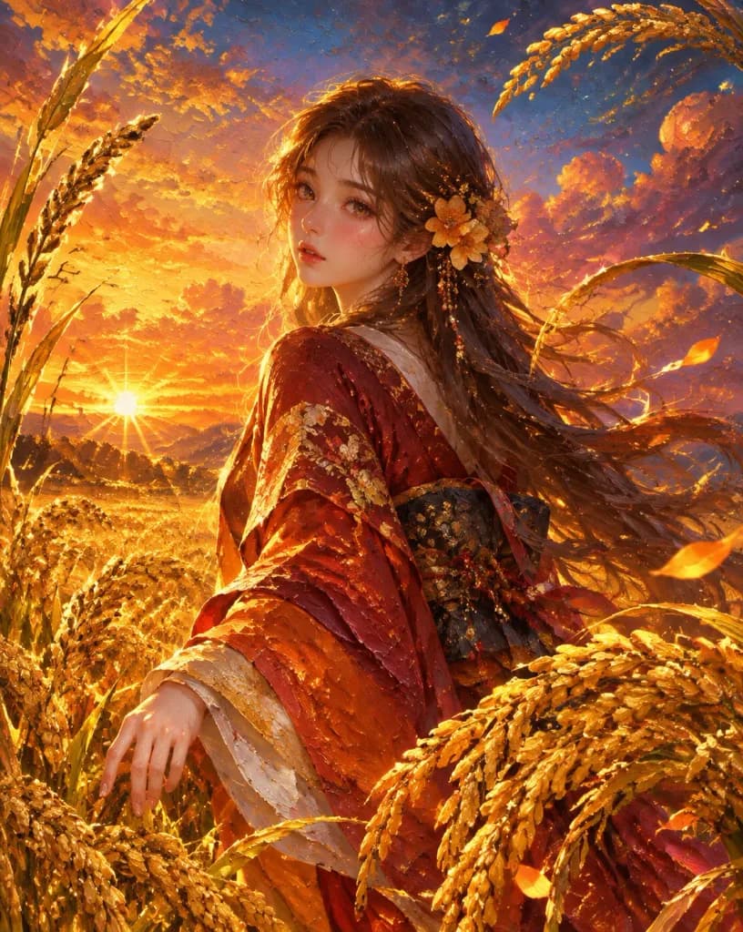 夕陽厚塗豐收少女肖像